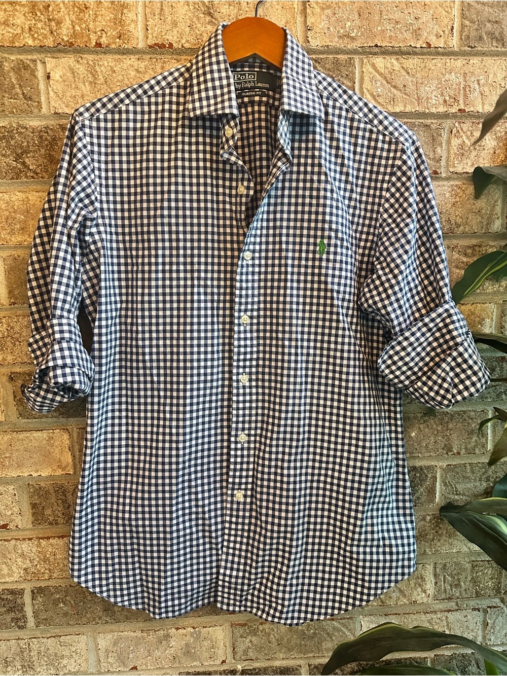 Polo by Ralph Lauren Men’s Blue White Gingham Button-Down Shirt Green logo
